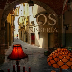 May include: A view through a window of a narrow, cobblestone street in a European city. The street is lined with buildings, and there is a sign that reads "CLOS CARNISERIA". There are two lamps in the foreground, one with a red shade and the other with a stained glass shade.