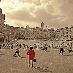 Siena, Italy, Red Dress Woman, Piazza Del Campo, Wall Art Decor Sepia Photographic Print, Horizontal Format