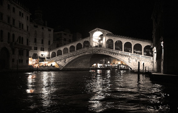 Venice Rialto Bridge Night Photo Print: Grand Canal Reflections