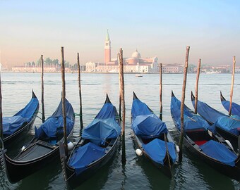 May include: A row of gondolas in Venice, Italy, are covered in blue tarps and tied to wooden poles. The gondolas are docked in a canal with the city skyline in the background.