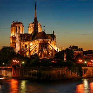Notre Dame de Paris Night Photo Print: Seine River View