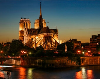 Notre Dame Paris Church Cathedral River Seine  Night Ile de la Cite Wall Decor Photo Print
