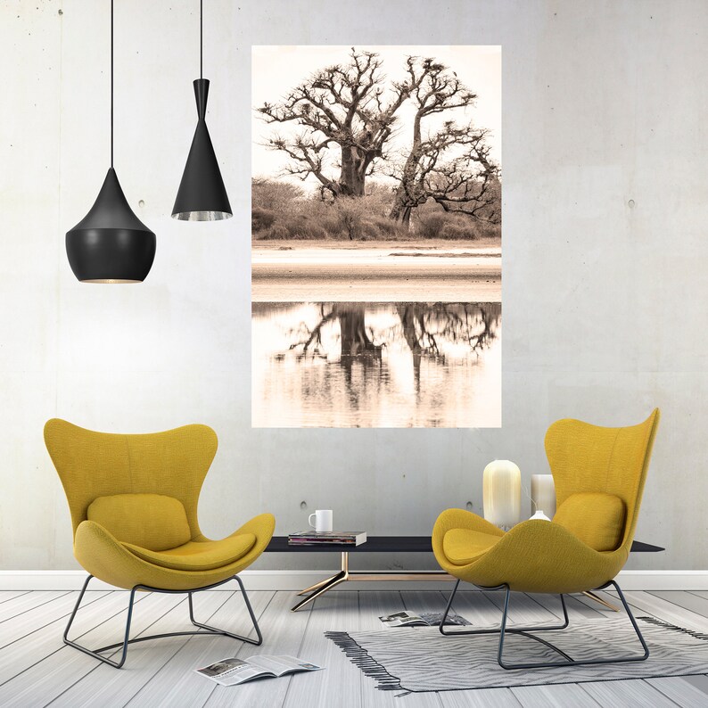 May include: A sepia-toned photograph of a large tree with its reflection in a body of water. The tree has a thick trunk and many branches. The water is calm and still, reflecting the tree perfectly. The photograph is framed and hanging on a wall in a living room setting with two yellow armchairs and a coffee table.