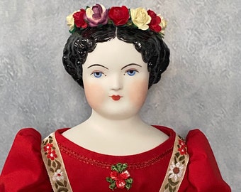 Antique 18'' Mid-19th Century China Doll Reproduction, China Head Doll, Porcelain Doll, Parian Doll, Collectible Doll, Boudoir Decor