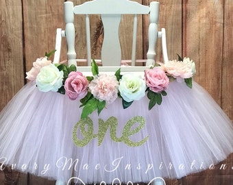 High Chair Tutu- High Chair Skirt- Blush and Ivory Highchair tutu- Highchair skirt- High Chair Skirt- Girls 1st Birthday Highchair