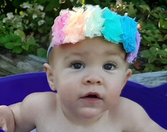 Pastel Rainbow Shabby Headband, Rainbow Baby Head Band, Mini Flower Girls Hair Bow, Newborn Infant Girl Headband, Baby Shower Gift, Birthday