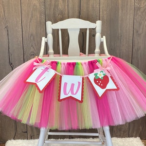 Strawberry High Chair Tutu, Highchair Tulle Tutu, 2nd Birthday High Chair Banner, Girls 1st Birthday, Girls Second  Berry Smash Cake Party