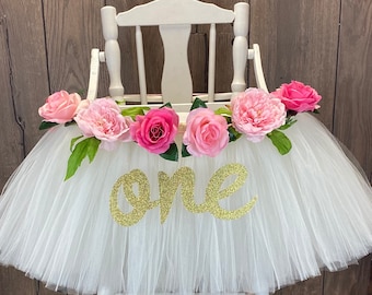 Pink High Chair Tutu Banner, Pink Floral Highchair Skirt for Girls First Birthday Smash Cake Party Decor, Floral 1st Birthday Party