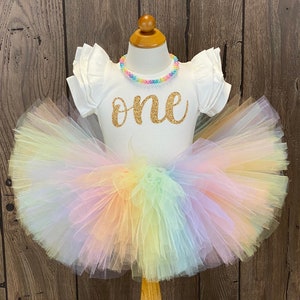 Pastel Rainbow First Birthday Outfit, Unicorn Girls 1st Birthday Tutu, One Year Old Bodysuit, Smash Cake Photo Outfit, Flutter Sleeve Shirt