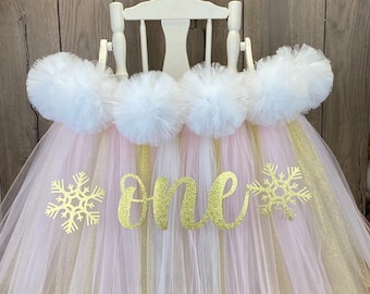 Winter Onederland  First Birthday High Chair Tutu, Highchair tutu, Pink and Gold High Chair Skirt, Highchair Banner, Winter 1st Birthday