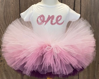 First Birthday Outfit, Plum Ombre Girls Tutu, Dark Purple Baby Tutu, Rose Gold "one" Bodysuit, Blush Smash Cake Outfit, Eggplant Ombre Tutu