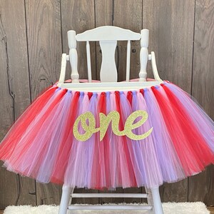 Valentines Day 1st Birthday High Chair Tutu, Girls First Birthday Banner, Lavender, Red & Pink Tulle Tutu Skirt for Smash Cake Party image 1