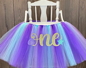 Mermaid High Chair tutu, Under the Sea Girls 1st Birthday Highchair Banner, Tüll Stuhlrock für Smash Cake Party, Mermaid First Birthday