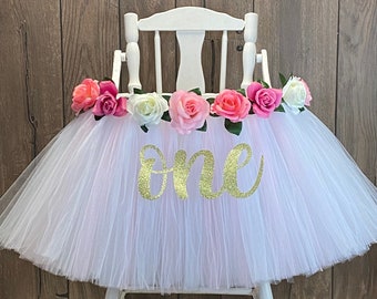High Chair Tutu, White and Light Pink Girls 1st Birthday, Gold Banner, Smash Cake Party, Floral Highchair Tutu, Princess Party