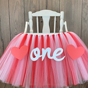 Valentines Day 1st Birthday High Chair Tutu, Girls First Birthday  Banner, Red & Pink Tulle Tutu Skirt for Smash Cake 1st Birthday Party