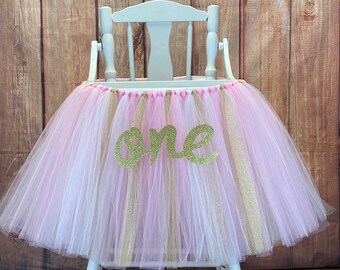 Pink and Gold High Chair Tutu, Highchair tutu, High Chair Banner, Girls First Birthday Smash Cake Party, High Chair Skirt,1st Birthday Decor