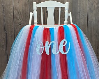 Red, White and Turquoise High Chair Tutu, ANY COLOR Girls First Birthday Highchair Banner Skirt, Teal Cat 1st Birthday Party,