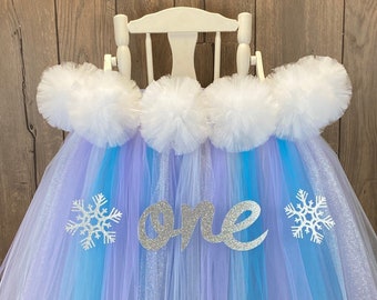 Winter Onederland First Birthday High Chair Tutu, Lavender and Turquoise , Highchair Skirt, Frozen Snowflakes Banner, Winter 1st Birthday