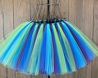 Peacock Ladies Tulle Skirt, Enchanted Peacock Costume, Any Size Girls & Woman Green, Blue and Purple Tulle Tutu, Halloween Costume