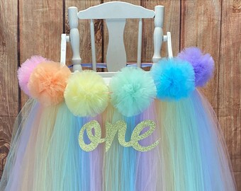 Pastel Rainbow High Chair tutu, Highchair Banner for Girls First Birthday Smash Cake Party, High Chair Skirt With Pompoms, Pastel Party