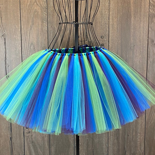 Peacock Ladies Tulle Skirt, Enchanted Peacock Costume, Any Size Girls & Woman Green, Blue and Purple Tulle Tutu, Halloween Costume