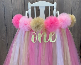 Pink and Gold High Chair Tutu, Highchair Banner with Pompoms, Girls 1st Birthday Chair Decor, Smash Cake Party, Shock Pink and Gold Shimmer