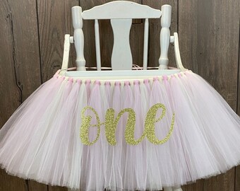 Kinderhochstuhl Tutu, Rosa und Elfenbein Smash Cake Tutu, Rosa & Creme Hochstuhl Banner, Mädchen 1. Geburtstag Dekor, ein Jahr alt, erster Geburtstag