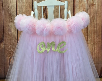 Pink and Gold High Chair Tutu, Highchair Banner with Pompoms, Girls First Birthday Chair Decor, Smash Cake Party, Pink and Light Pink Party