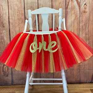 High Chair Tutu, Girls First Birthday Highchair Banner Skirt, Red and Gold Christmas Birthday, Valentine Girls Birthday Smash Cake Party image 1