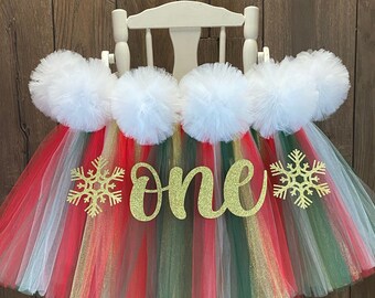 Christmas Winter Onederland 1st Birthday High Chair Tutu, Winter High Chair Banner, First Birthday High Chair Skirt, First Birthday Party