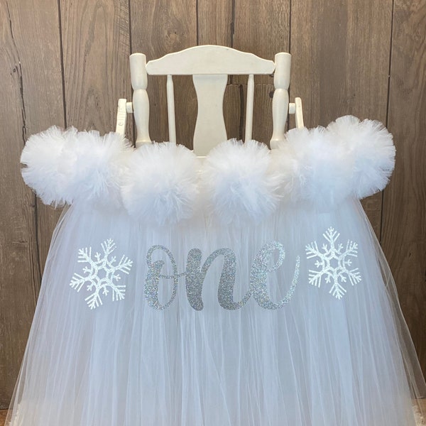 White Winter Onederland 1st Birthday High Chair Tutu, Highchair tutu, High Chair Banner, Pom pom Snowballs Snowflakes Highchair Banner