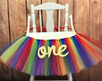 Rainbow High Chair Tutu, Rainbow Highchair Tutu, Rainbow First Birthday, High Chair Banner, Rainbow Party, Rainbow High Chair Skirt