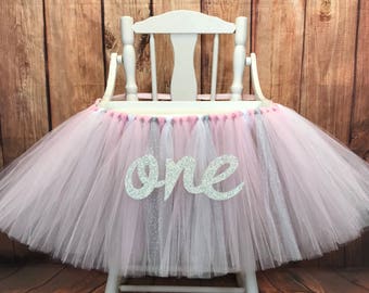 High Chair Tutu, Pink and Silver First Birthday High Chair Banner, Highchair Tutu, Highchair Banner, Girls First Birthday High Chair Tutu