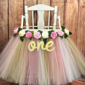 Pink and Gold Floral First Birthday High Chair Tutu, Highchair Tutu, High Chair Banner, High Chair Skirt,Pink and Gold Girls First Birthday image 1