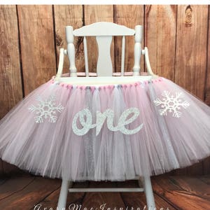 High Chair Tutu, Winter Onederland High Chair Banner, Pink & Silver Highchair Tutu, Highchair Banner, Winter First Birthday High Chair Decor