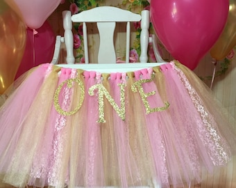 Pink and Gold High Chair Tutu- High Chair Skirt- Highchair tutu- Highchair skirt-Pink and Gold 1st Birthday- Pink and Gold High Chair Tutu