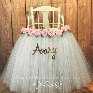 High Chair Tutu, High Chair Banner, White and Light Pink Swan High Chair Skirt Baptism Highchair tutu, Wedding Highchair skirt, Smash Cake