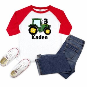 Boys 3rd Birthday Tractor Shirt, Farm Raglan Toddler Jersey, Kids 3 Years Old Boy Tee Shirt, Personalized Name, Green Big Tractor image 1