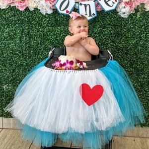 One derland High Chair Tutu, Girls First Birthday Highchair Banner, Turquoise and White Tulle Tutu Skirt for Smash Cake Party