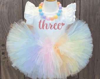 Girls 3rd Birthday Outfit, Turning Three Tutu Outfit, Pastel Rainbow Girls Tutu, Third Birthday Shirt, Unicorn Toddler Party, Puffball Tutu