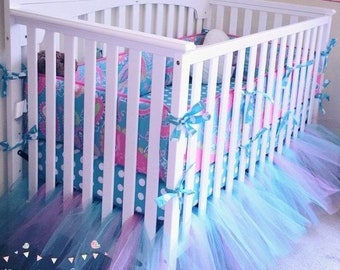 Tulle Crib Skirt, ANY COLORS, Nursery Decor, Baby Room Bed Skirt, Tutu Bed skirt, Match Crib Set,  Pastel Unicorn Rainbow, Pink & Turquoise