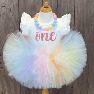 Pastel Rainbow First Birthday Outfit, Unicorn Girls 1st Birthday Tutu, One Year Old Bodysuit, Smash Cake Photo Outfit, Flutter Sleeve Shirt
