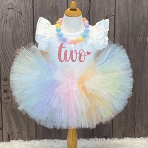 Girls 2nd Birthday Outfit, Turning Two Tutu Outfit, Pastel Rainbow Girls Tutu, Second Birthday Ruffle Sleeve Shirt, Unicorn Toddler Party