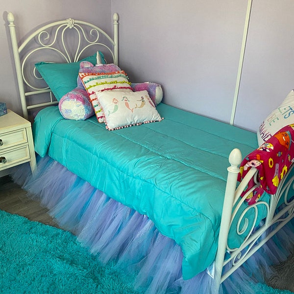 Tulle Bed Skirt, ANY COLOR Tulle Twin Bed Tutu, Turquoise and Aqua Girl Princess Bedroom, Girls Bedding, Bed Ruffle, Bed Duster, Bedskirt