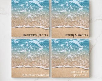 Personalized Beach Coasters Set, Ocean Wave Ceramic Coasters 4x4, Custom Name & Date Coastal Decor, Wedding Gift, Housewarming Gift