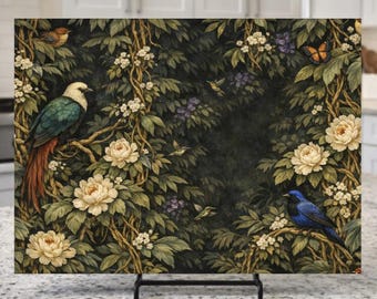 Vintage Botanical Bird Glass Cutting Board, Floral Dark Cottagecore Kitchen Decor, Nature Serving Board, Rustic Farmhouse Gift