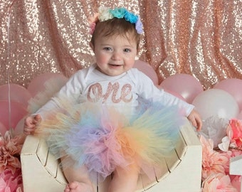 Pastel Rainbow First Birthday Outfit, Unicorn Girls 1st Birthday Tutu, One Year Old Bodysuit, Smash Cake Photo Outfit, First Birthday Outfit