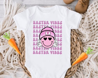 Easter Vibes Smiley Face Retro Easter Onesie, Cute Groovy Easter Shirt, Easter Gift for Baby, Toddler Bodysuit, First Easter Girls Shirt