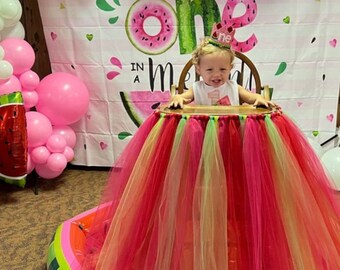 One in a Melon High Chair Tutu, Girls First Birthday Highchair Banner, Our Sweet Girl Watermelon 1st Birthday Smash Cake Photo, Turning One