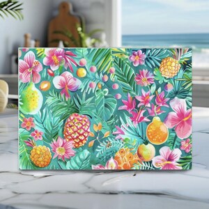 Tropical Floral Beach Glass Chopping Cutting Board, Palm Leaves Kitchen Decor, Hibiscus Charcuterie Vacation Wedding Gift, Housewarming